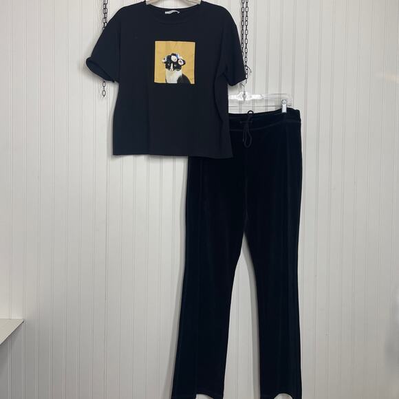 Zara/Carlson Black High Rise Velour Velvet Pants & Short Sleeve T-Shirt Size L - Picture 1 of 11